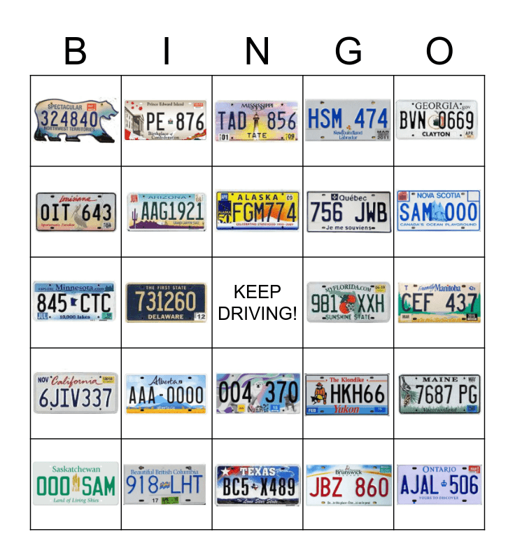 LICENSE PLATE BINGO Card