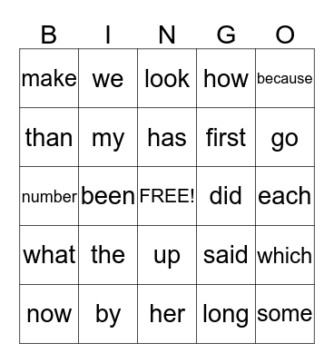 Sight word bingo Card