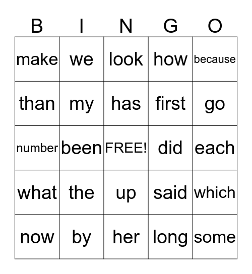 Sight word bingo Card