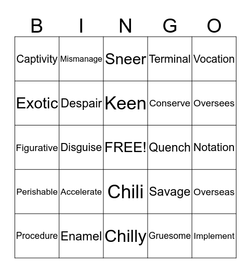 Vocabulary In Action Chapter 3 Bingo Card