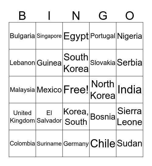 World Countries Bingo Card