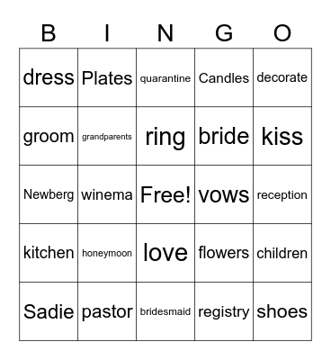 Sadie Stearns Weddingshower Bingo Card