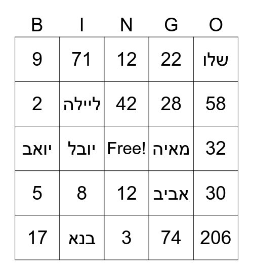 הבינגו של כיתה י' 4 Bingo Card