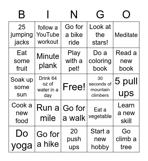 Athletic/Wellness Bingo Card