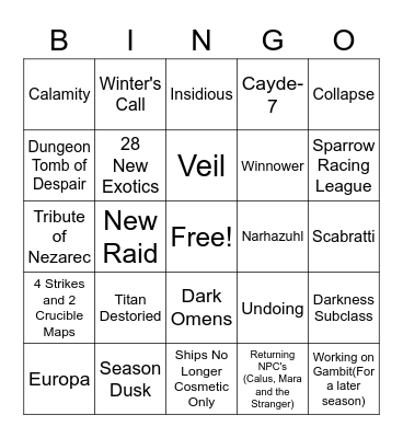 Destiny "Leaks" Bingo Card