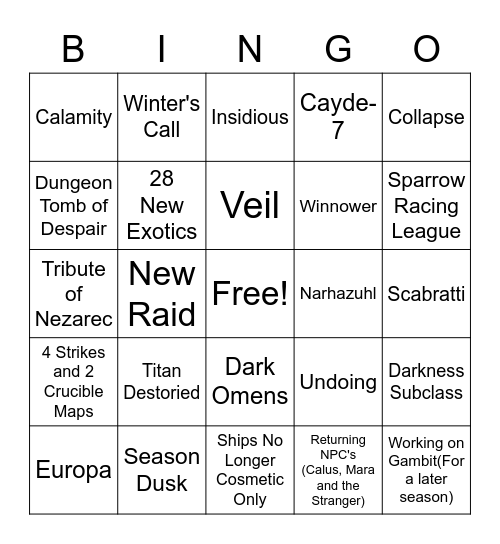 Destiny "Leaks" Bingo Card