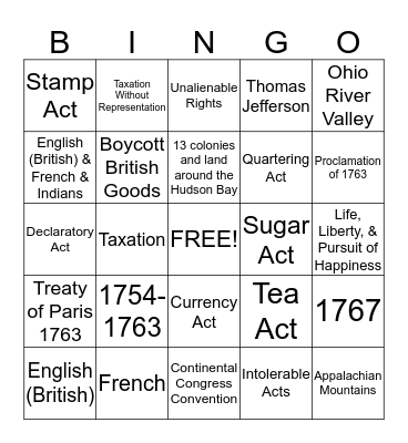 Causes for the Revolutionary War Bingo Card