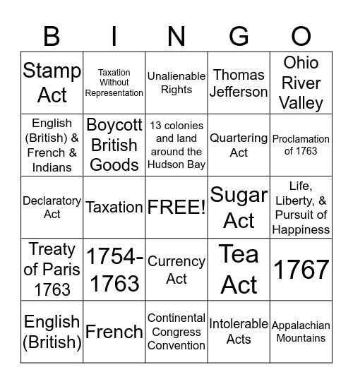 Causes for the Revolutionary War Bingo Card