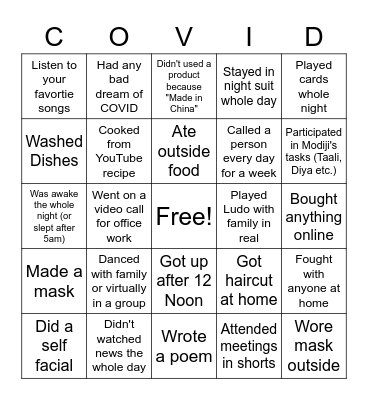 Lockdown Activities Bingo Card