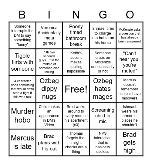 Sword Fam D&D Bingo Card