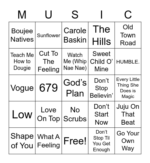YouthCO Team Music Bingo Card
