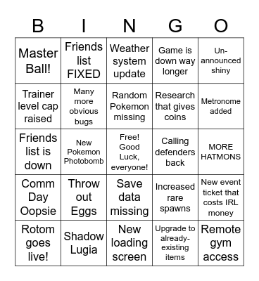 Pokemon Go Downtime 6/1 (11-6pm) Bingo Card