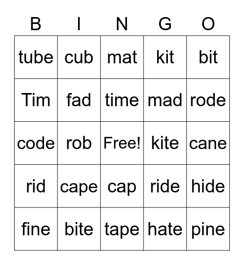 Magic E Bingo Card
