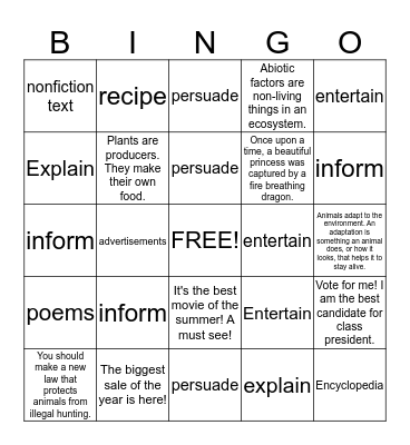 Author's Purpose Bingo Card