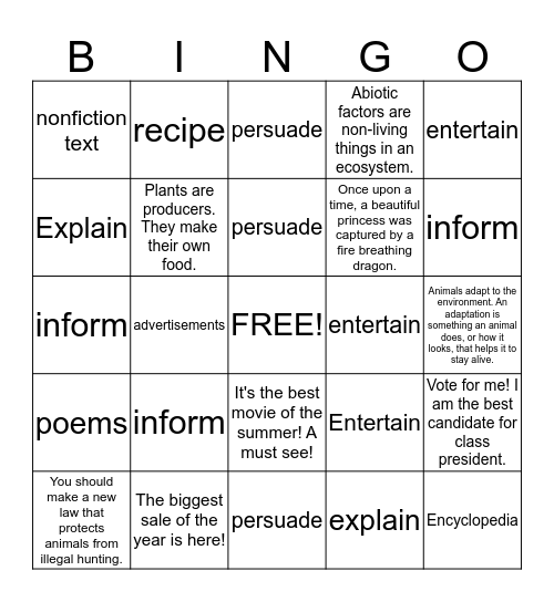 Author's Purpose Bingo Card