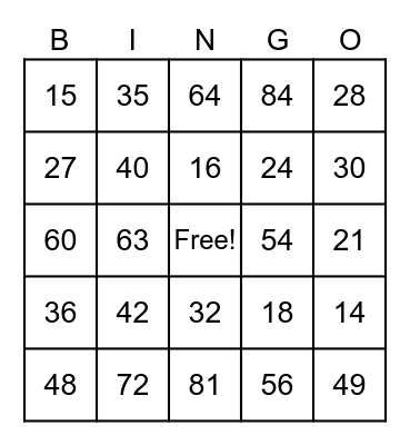 Multiplication Facts - Grade 4 Bingo Card