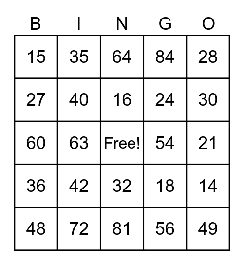 Multiplication Facts - Grade 4 Bingo Card