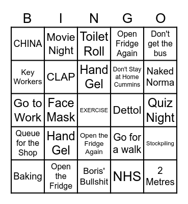 Covid19 Lockdown Bingo Card