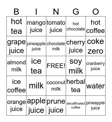 Breakfast Drinks Bingo Card