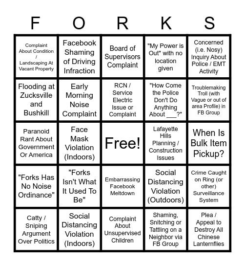 FORKS BINGO - 2020 EDITION Bingo Card