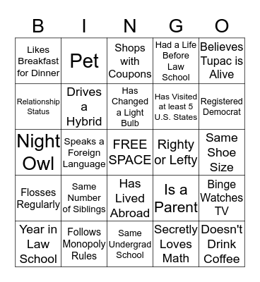 Women's Law Mentor-Mentee Mixer Bingo Card