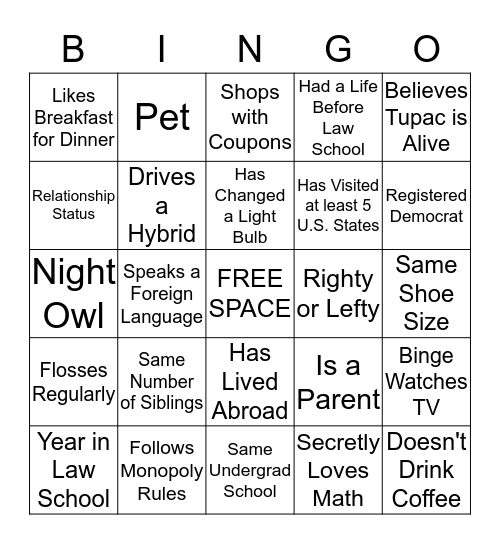 Women's Law Mentor-Mentee Mixer Bingo Card