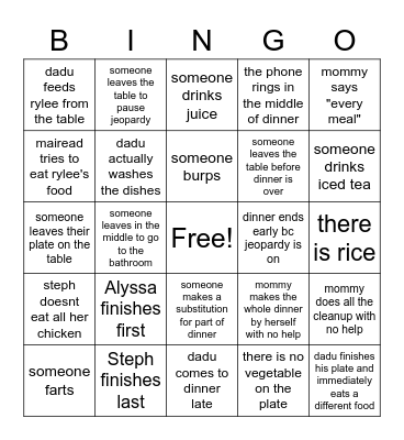 Rothman Dinner Bingo Card