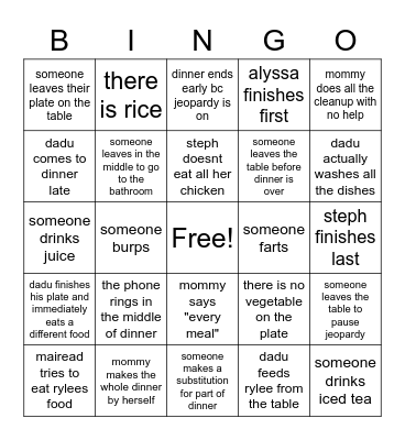 Rothman Dinner Bingo Card