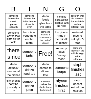 Rothman Dinner Bingo Card