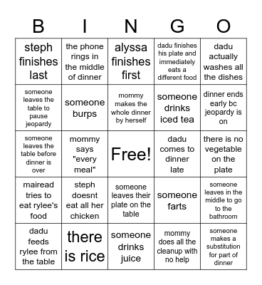 Rothman Dinner Bingo Card