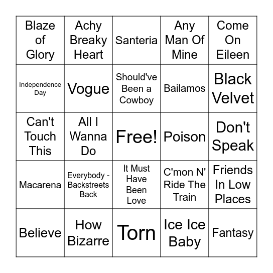 1990's Bingo Card