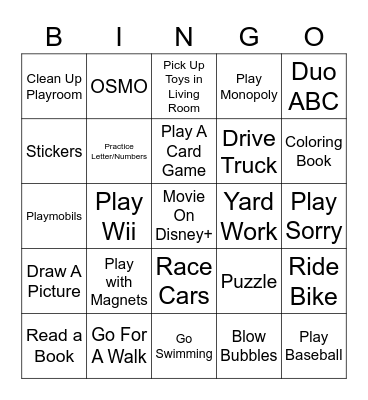 Activity Bingo Card