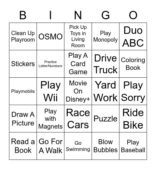 Activity Bingo Card