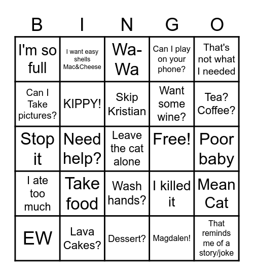 Family Sayings Bingo Card