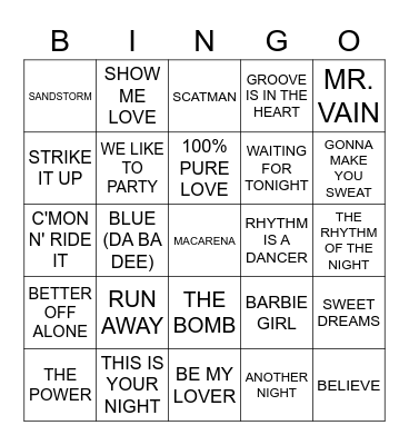 90's TECHNO/DANCE Bingo Card