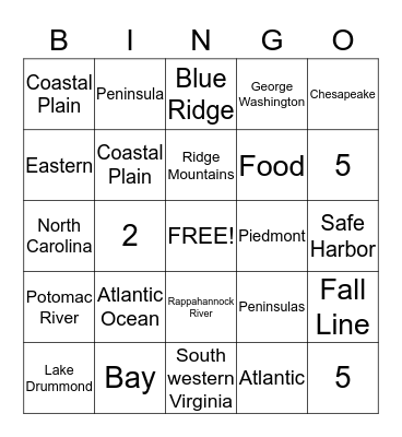 VA Regions/Borders/Rivers Bingo Card