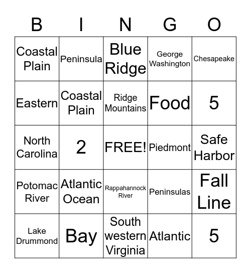 VA Regions/Borders/Rivers Bingo Card