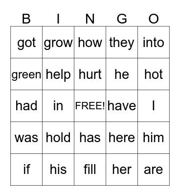 Sight Words Set # 5 Bingo Card