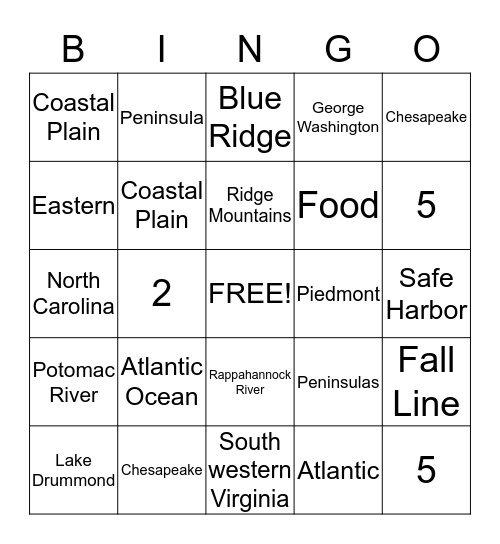 Virginia Bingo Card