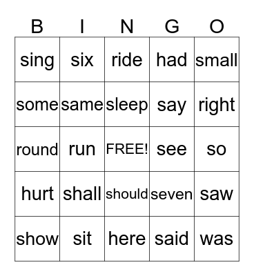 Sight Words Set # 9 Bingo Card