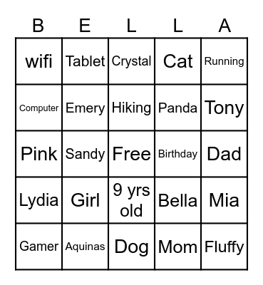 Bella's 9th Birthday BINGO Card