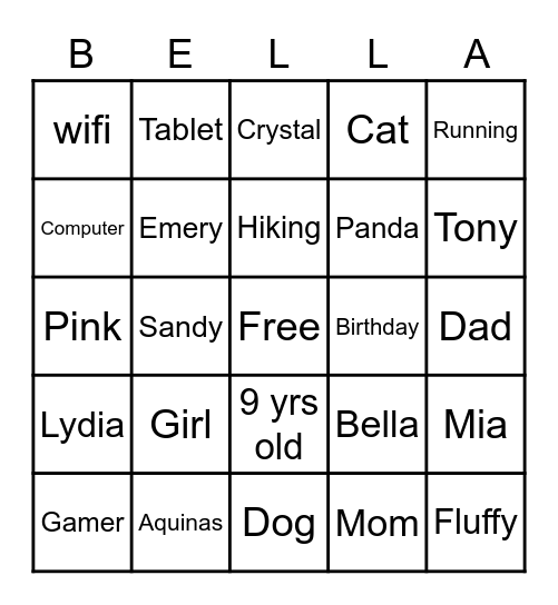 Bella's 9th Birthday BINGO Card