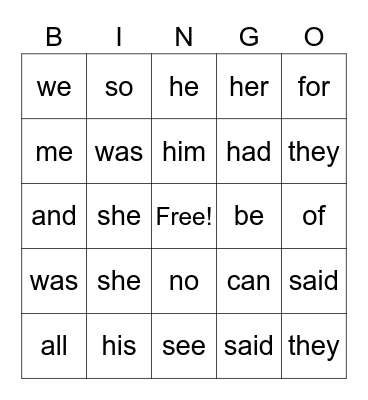 Sight Words 3 & 4 Bingo Card