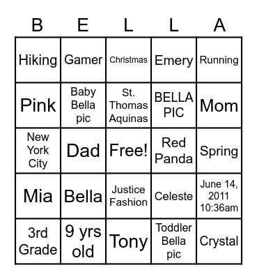 Bella's Birthday BINGO Card