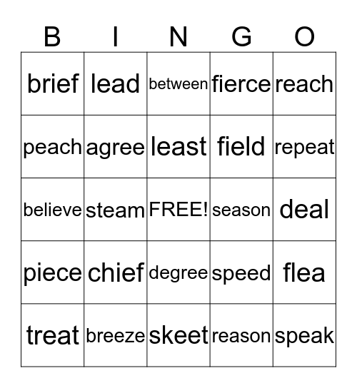 Long e:  ea, ee, ie Bingo Card