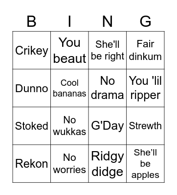 Australian Slang Bingo Card