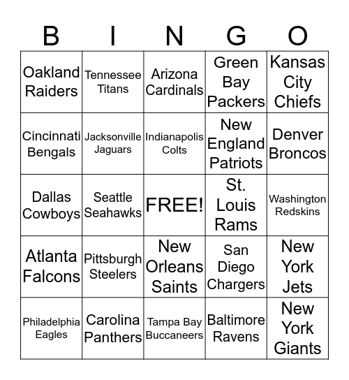 NFL BINGO Card