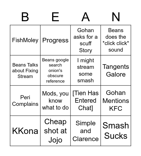 Beans Stream Bingo Card