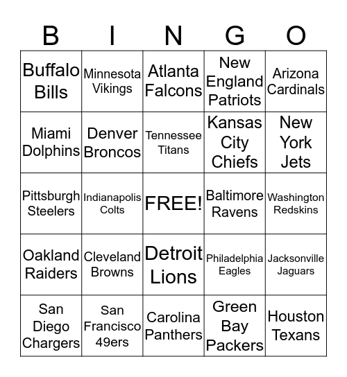 NFL BINGO Card