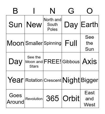 Earth, Moon and Sun Bingo Card